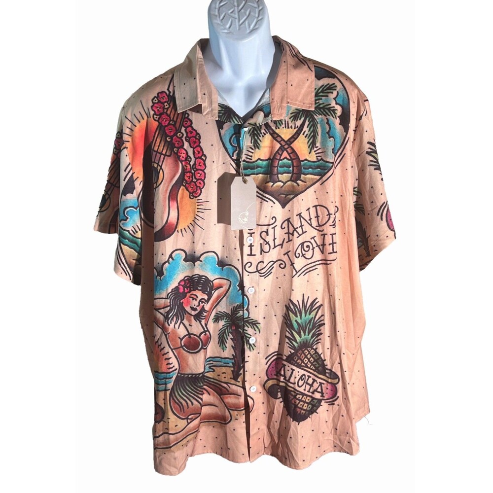 Hawalili  Men’s Size 2XL Hawaiian Shirt‎ Hula Girl Palm Trees Island Love NWT